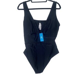 Cupshe Womens 2X Black Scalloped Edge‎ V-Neck One-Piece Swimsuit